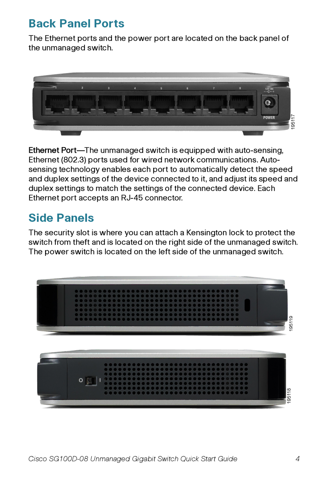 Cisco Systems SG100D08PNA quick start Back Panel Ports, Side Panels 