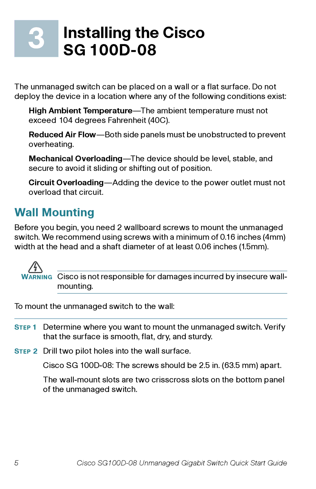 Cisco Systems SG100D08PNA quick start Installing the Cisco, Wall Mounting 