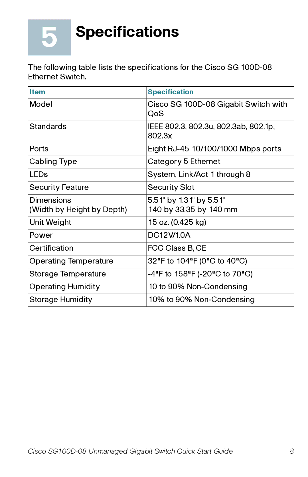 Cisco Systems SG100D08PNA quick start Specifications 