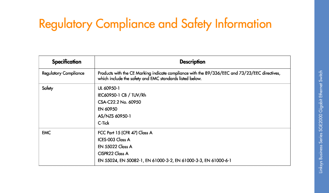 Cisco Systems SGE2000 manual Regulatory Compliance and Safety Information, Specification, Description 