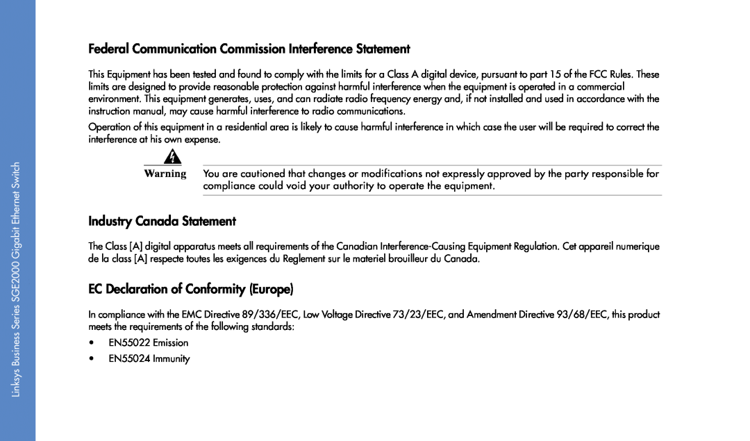 Cisco Systems SGE2000 manual Federal Communication Commission Interference Statement, Industry Canada Statement 