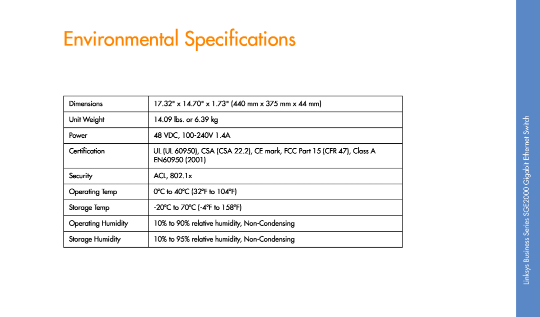 Cisco Systems SGE2000 manual Environmental Specifications, Gigabit 