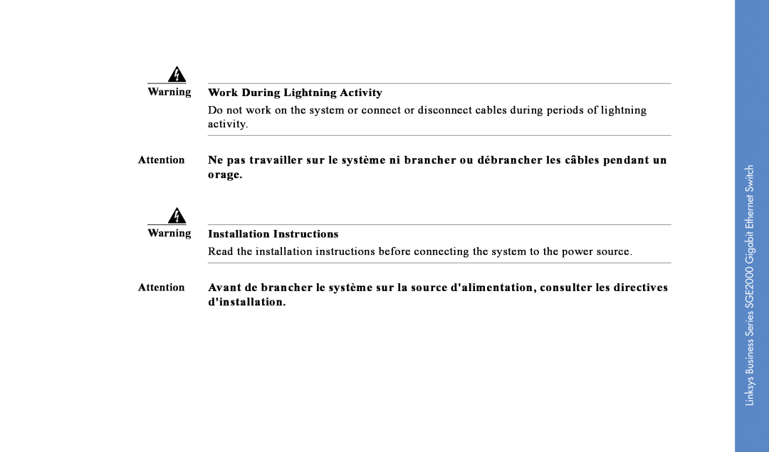 Cisco Systems SGE2000 manual Warning Work During Lightning Activity, Warning Installation Instructions 