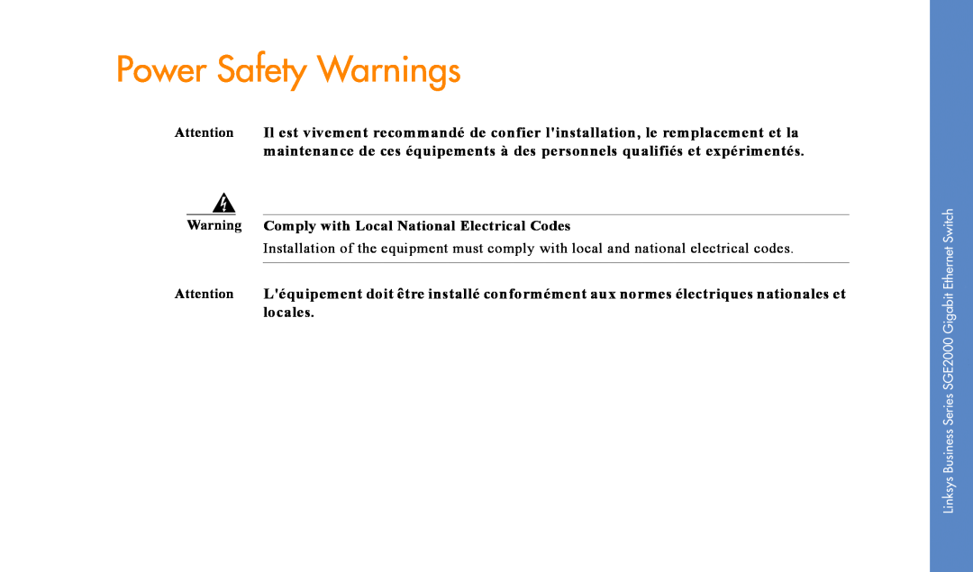 Cisco Systems SGE2000 manual Power Safety Warnings, Warning Comply with Local National Electrical Codes 