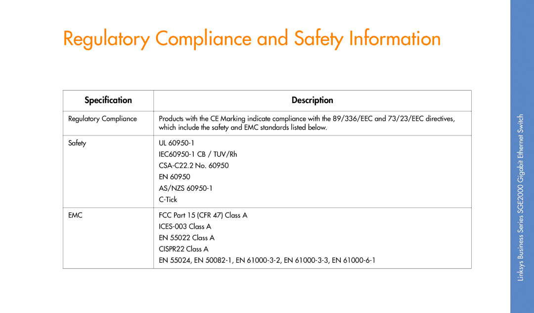 Cisco Systems SGE2000 manual Regulatory Compliance and Safety Information, Specification Description 