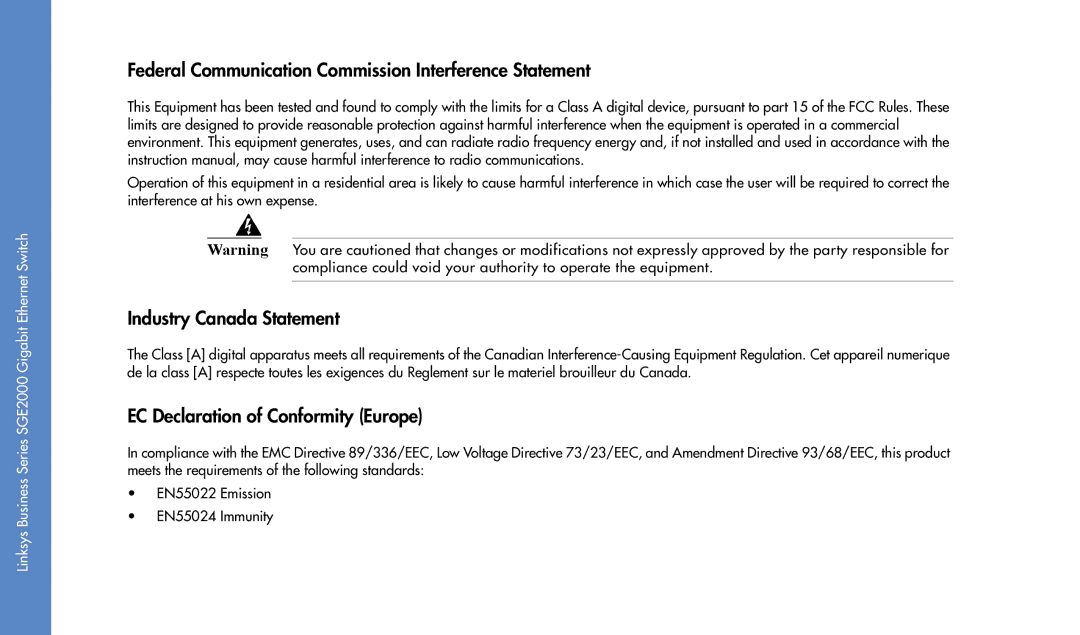 Cisco Systems SGE2000 manual Federal Communication Commission Interference Statement 