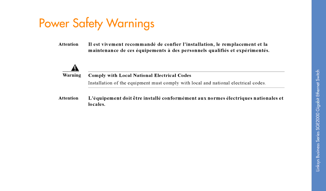 Cisco Systems SGE2000 manual Power Safety Warnings 