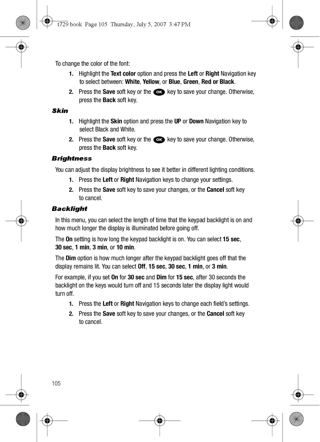 Cisco Systems SGH-Blast Series manual To change the color of the font, Skin, Brightness, Backlight 