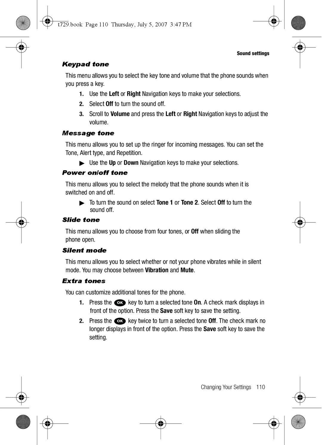 Cisco Systems SGH-Blast Series manual Keypad tone, Message tone, Power on/off tone, Slide tone, Silent mode, Extra tones 