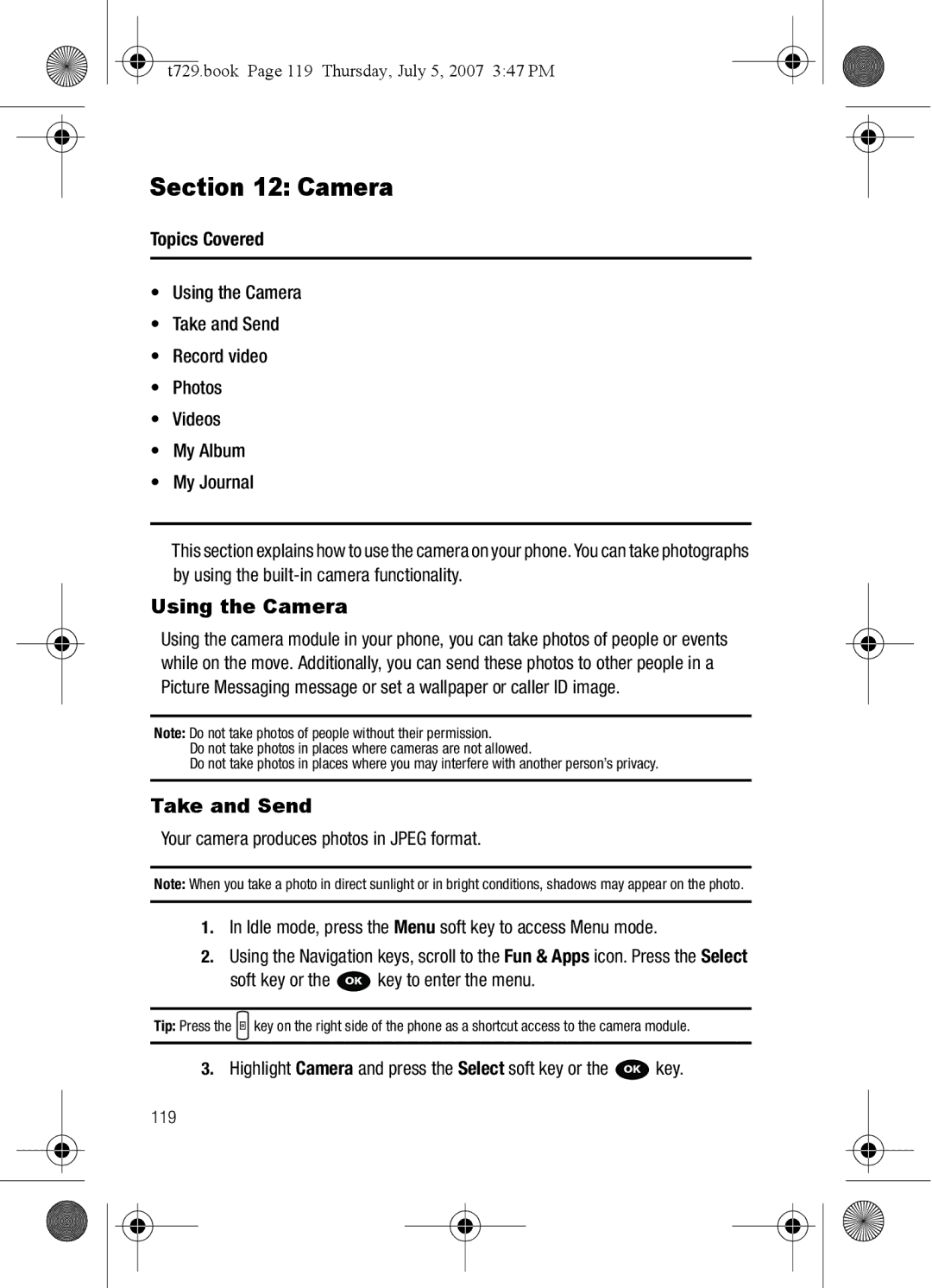 Cisco Systems SGH-Blast Series manual Using the Camera, Take and Send, T729.book Page 119 Thursday, July 5, 2007 347 PM 