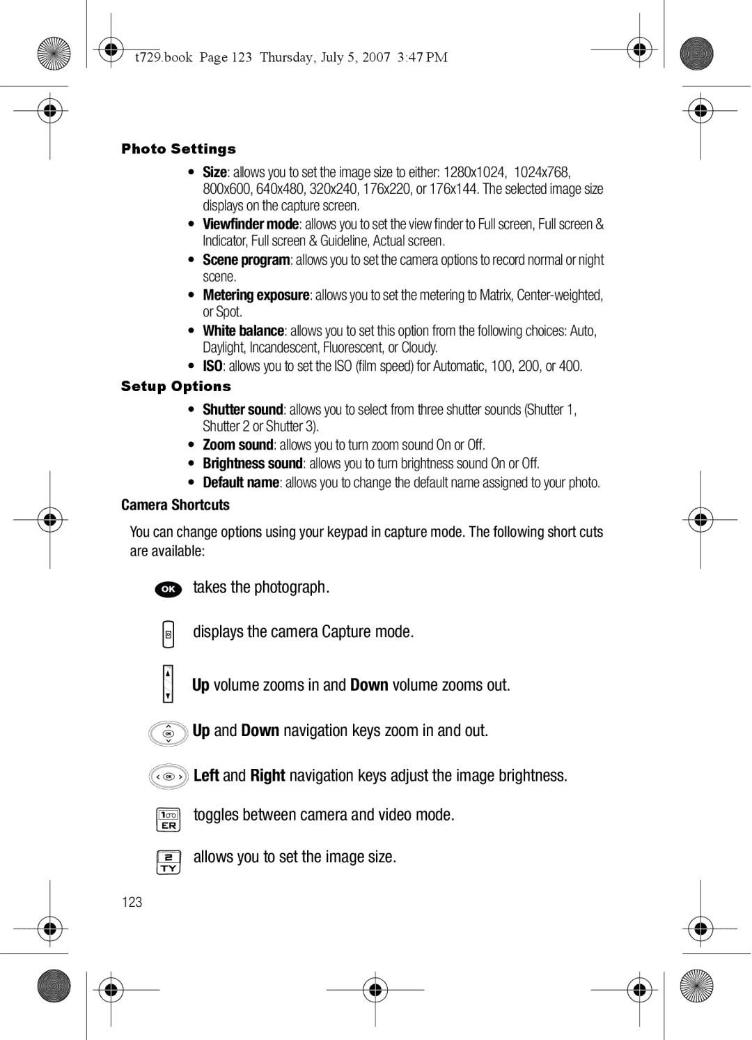 Cisco Systems SGH-Blast Series manual Camera Shortcuts, T729.book Page 123 Thursday, July 5, 2007 347 PM, Photo Settings 