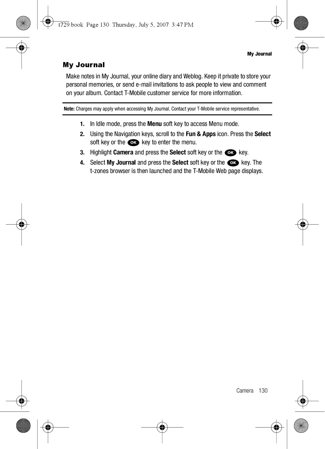 Cisco Systems SGH-Blast Series manual My Journal, T729.book Page 130 Thursday, July 5, 2007 347 PM 