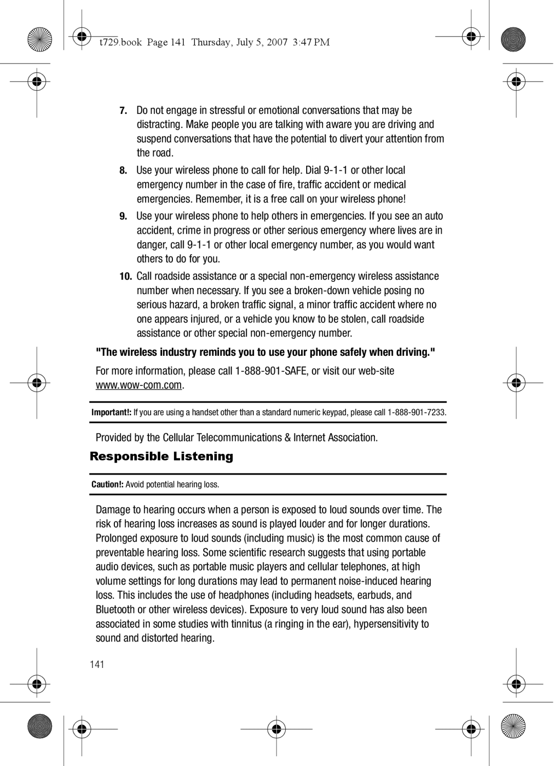 Cisco Systems SGH-Blast Series manual Responsible Listening, T729.book Page 141 Thursday, July 5, 2007 347 PM 