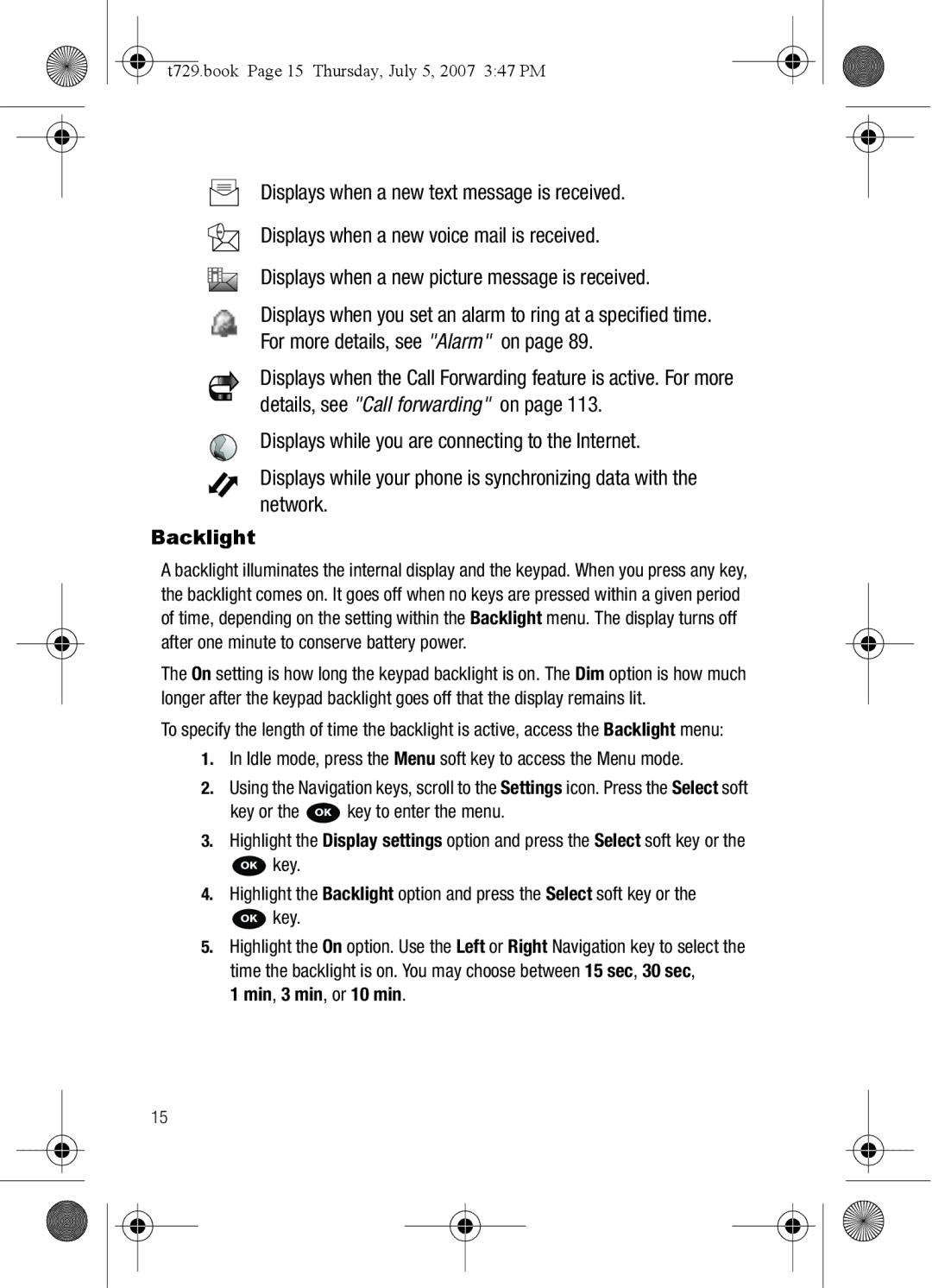 Cisco Systems SGH-Blast Series manual Backlight, Min, 3 min, or 10 min, T729.book Page 15 Thursday, July 5, 2007 347 PM 