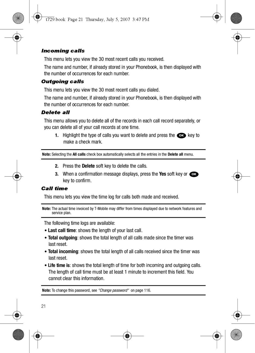 Cisco Systems SGH-Blast Series manual Incoming calls, Outgoing calls, Delete all, Call time 