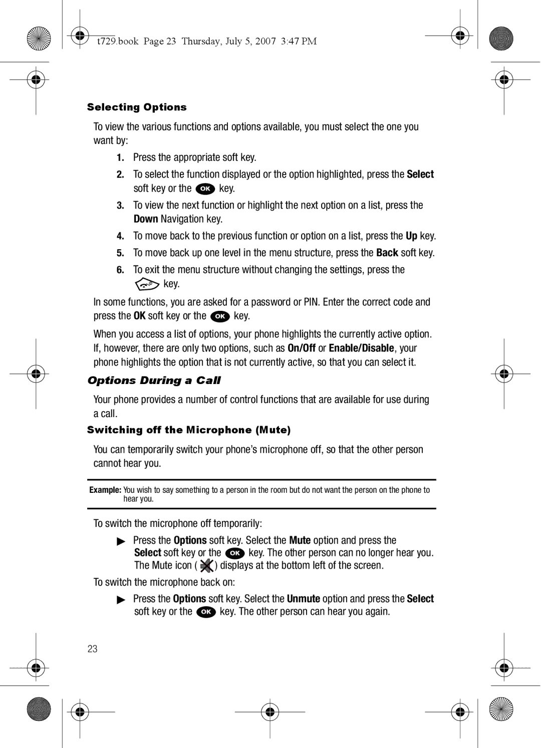 Cisco Systems SGH-Blast Series Options During a Call, T729.book Page 23 Thursday, July 5, 2007 347 PM, Selecting Options 