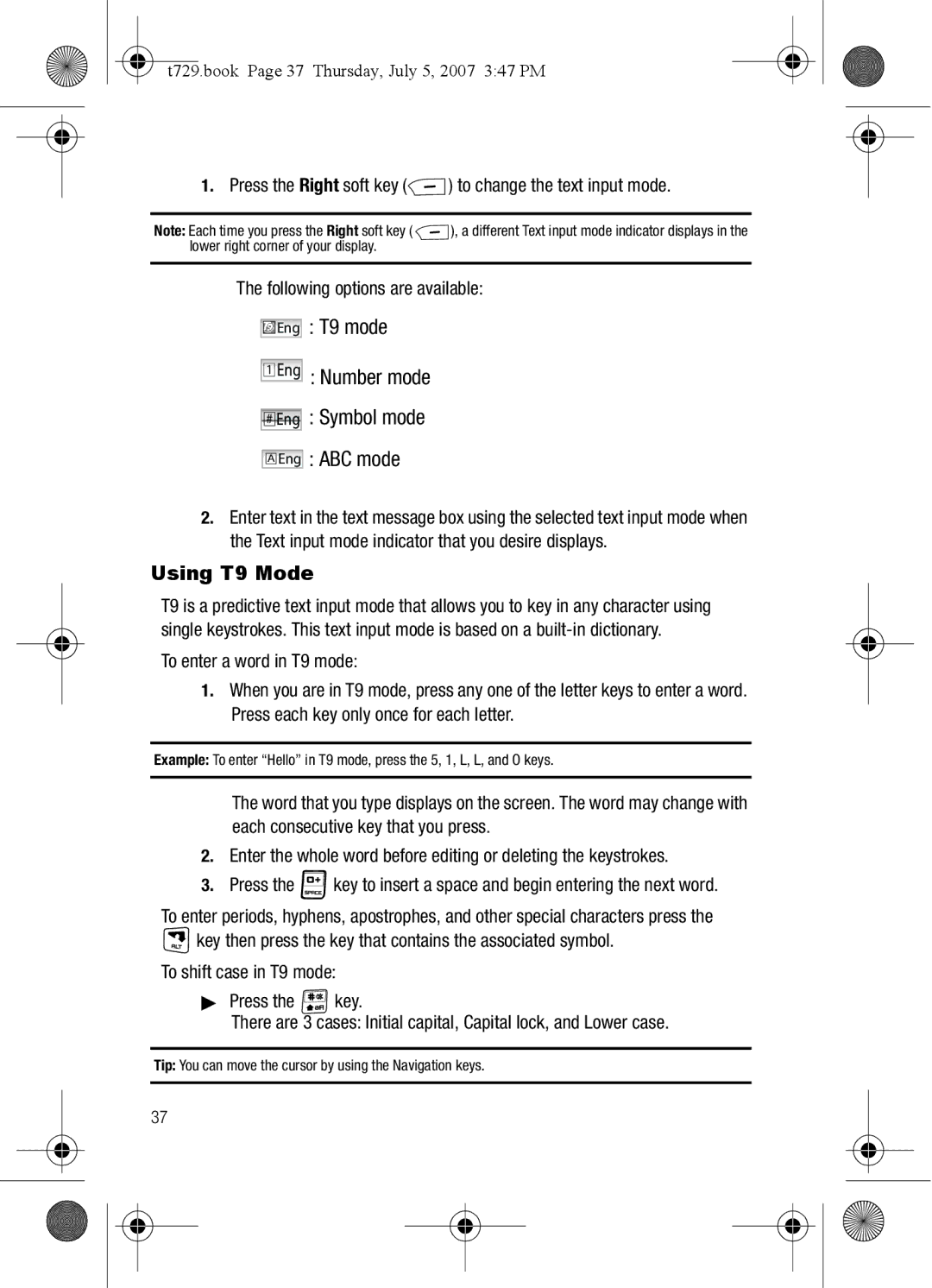 Cisco Systems SGH-Blast Series manual Using T9 Mode, T729.book Page 37 Thursday, July 5, 2007 347 PM 