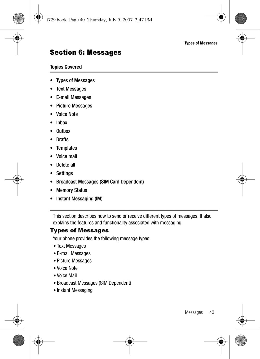 Cisco Systems SGH-Blast Series manual Types of Messages, T729.book Page 40 Thursday, July 5, 2007 347 PM 