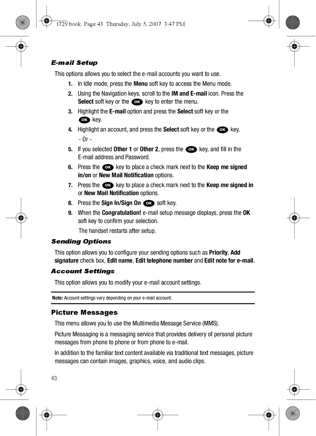 Cisco Systems SGH-Blast Series manual Picture Messages, Mail Setup, Sending Options, Account Settings 