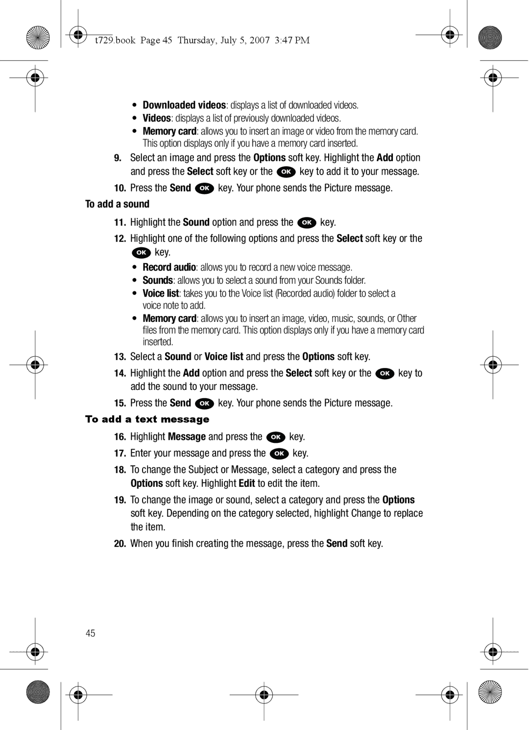 Cisco Systems SGH-Blast Series To add a sound, T729.book Page 45 Thursday, July 5, 2007 347 PM, To add a text message 