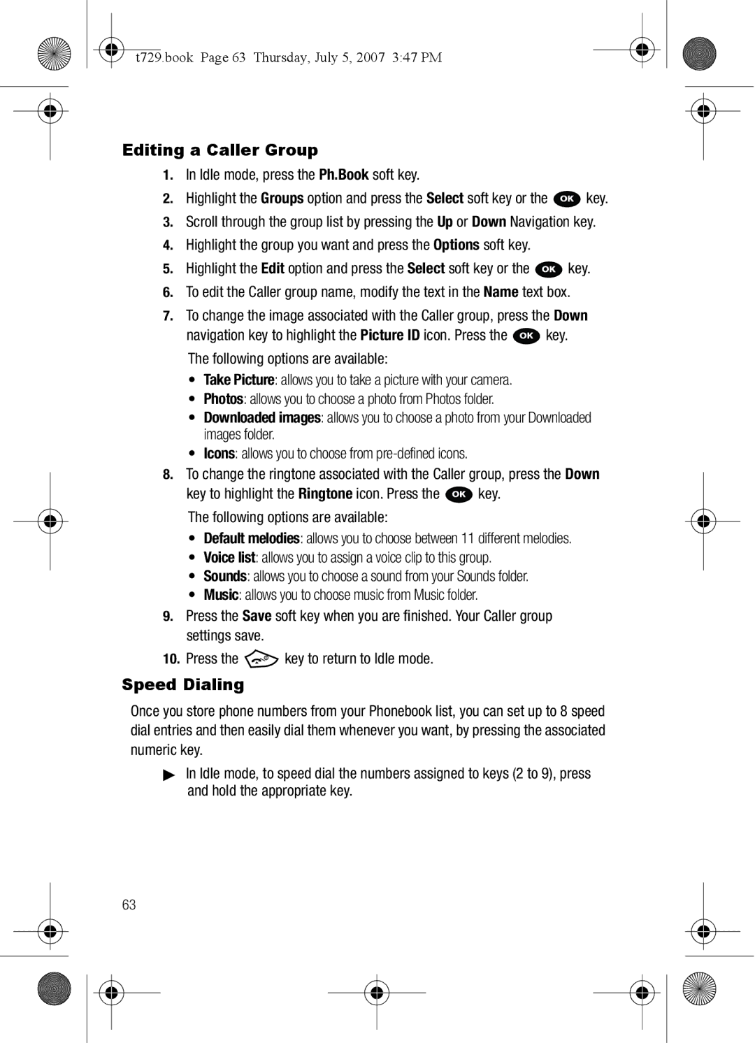 Cisco Systems SGH-Blast Series Editing a Caller Group, Speed Dialing, T729.book Page 63 Thursday, July 5, 2007 347 PM 