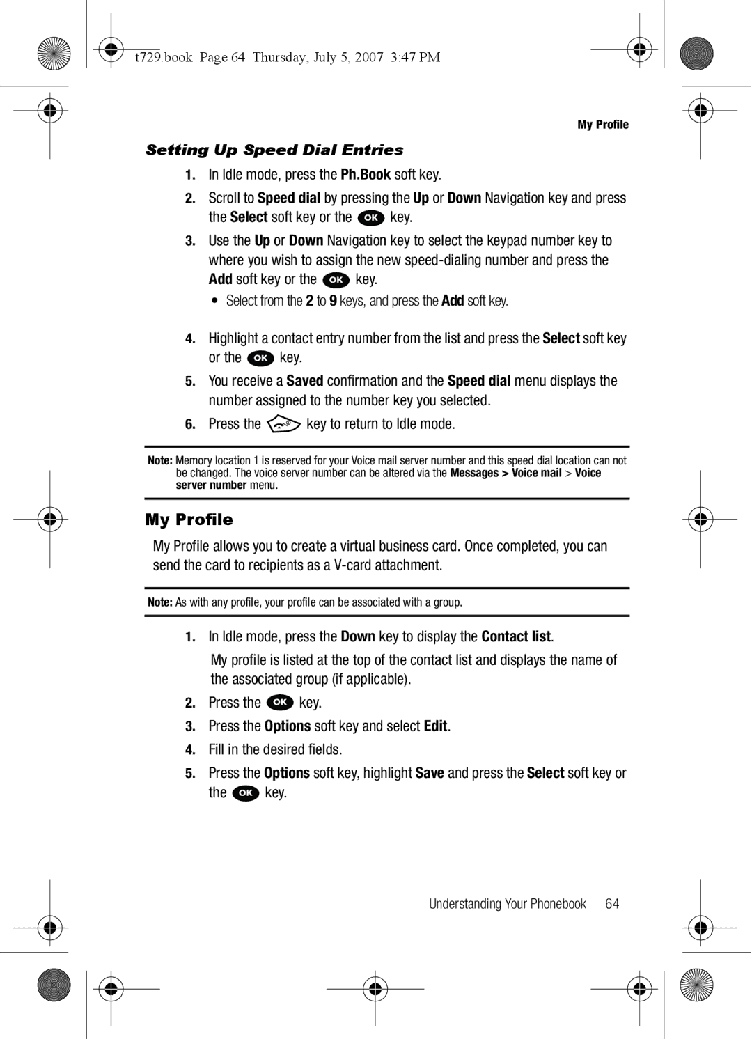 Cisco Systems SGH-Blast Series My Profile, Setting Up Speed Dial Entries, T729.book Page 64 Thursday, July 5, 2007 347 PM 