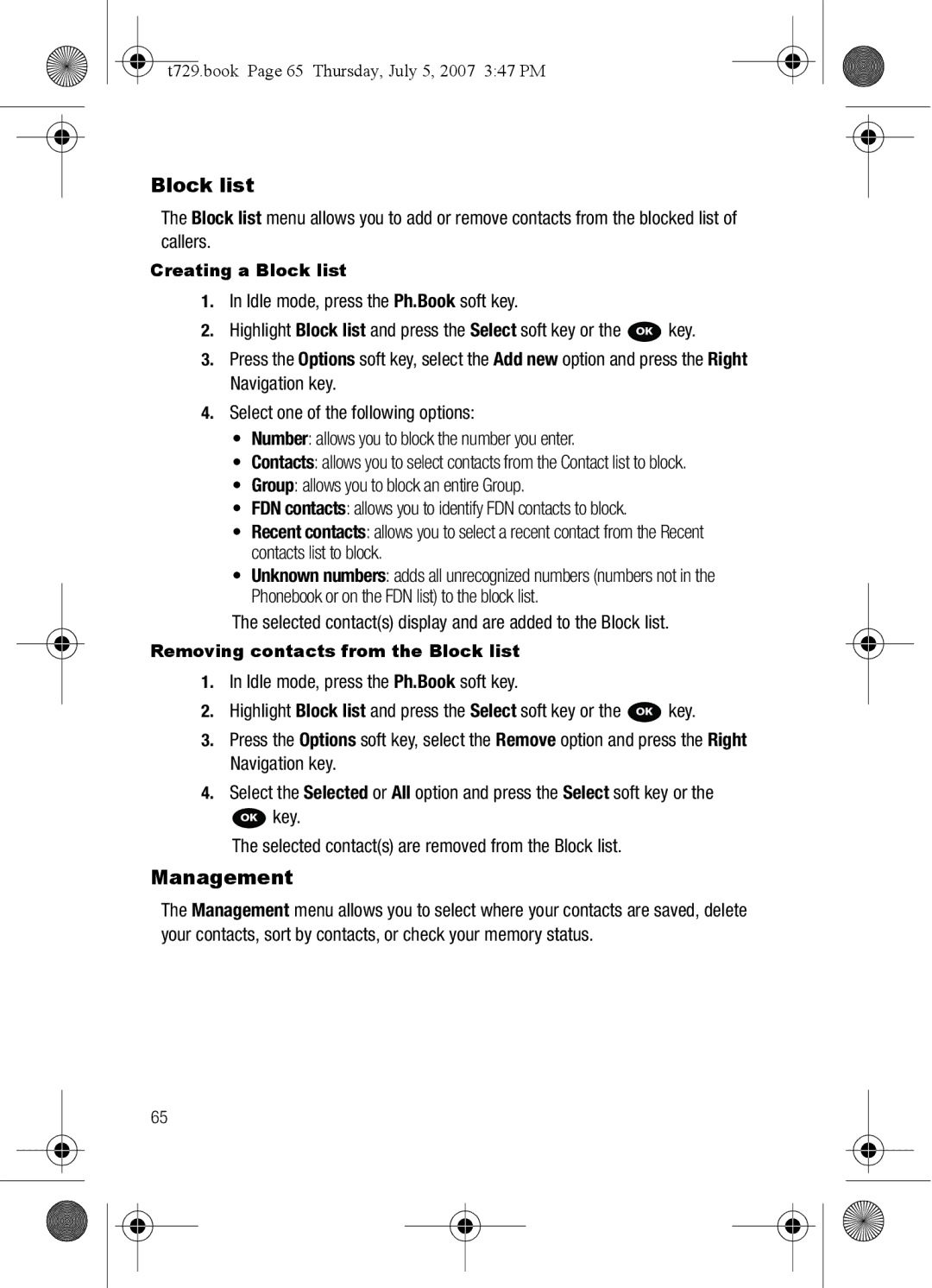 Cisco Systems SGH-Blast Series manual Management, Selected contacts display and are added to the Block list 