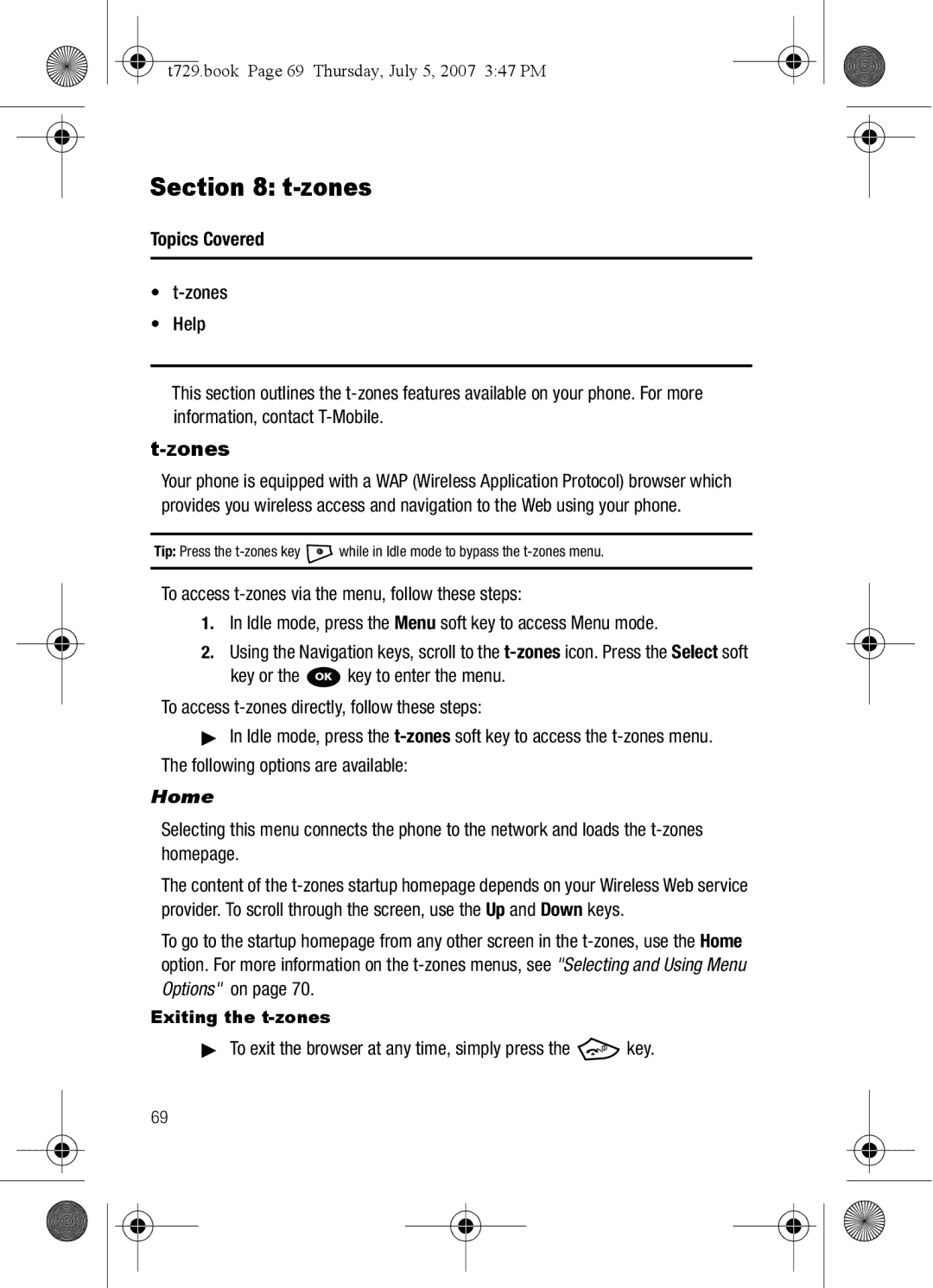 Cisco Systems SGH-Blast Series Zones, Home, To exit the browser at any time, simply press the key, Exiting the t-zones 