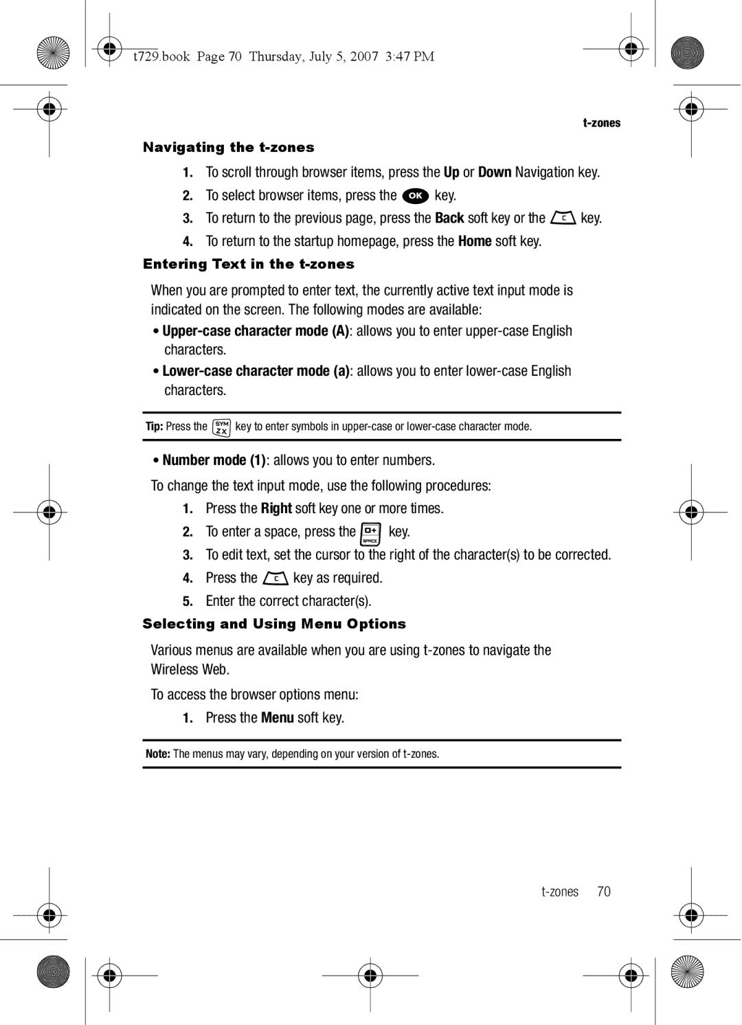 Cisco Systems SGH-Blast Series manual T729.book Page 70 Thursday, July 5, 2007 347 PM, Navigating the t-zones 