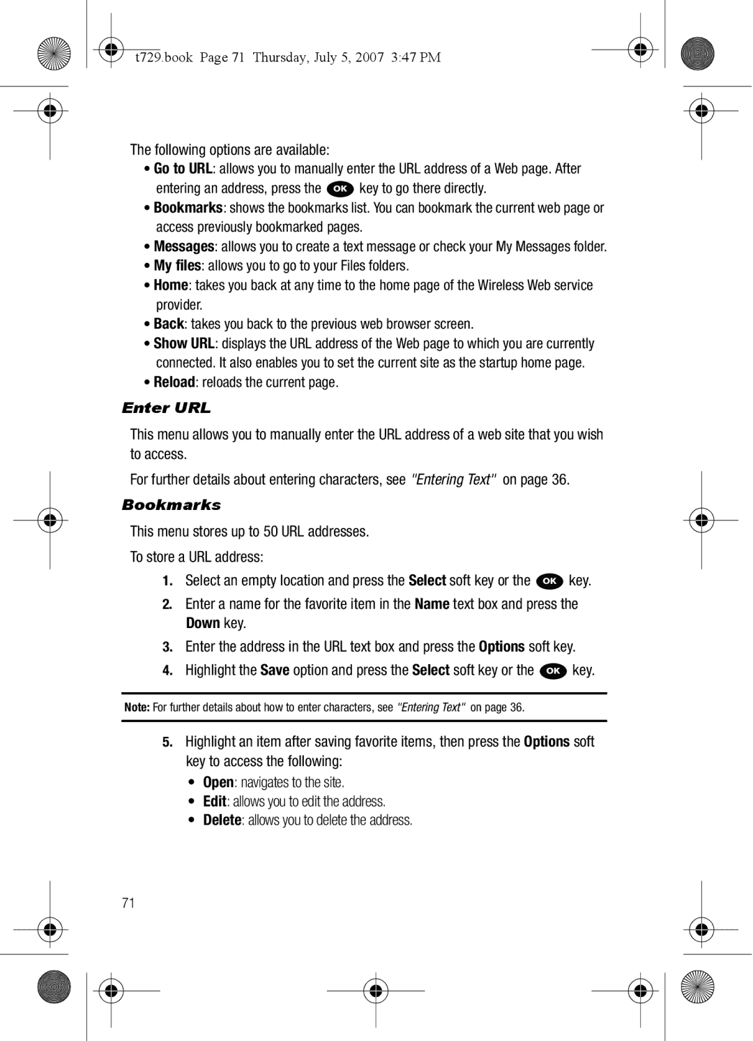 Cisco Systems SGH-Blast Series manual Reload reloads the current, Enter URL, Bookmarks 