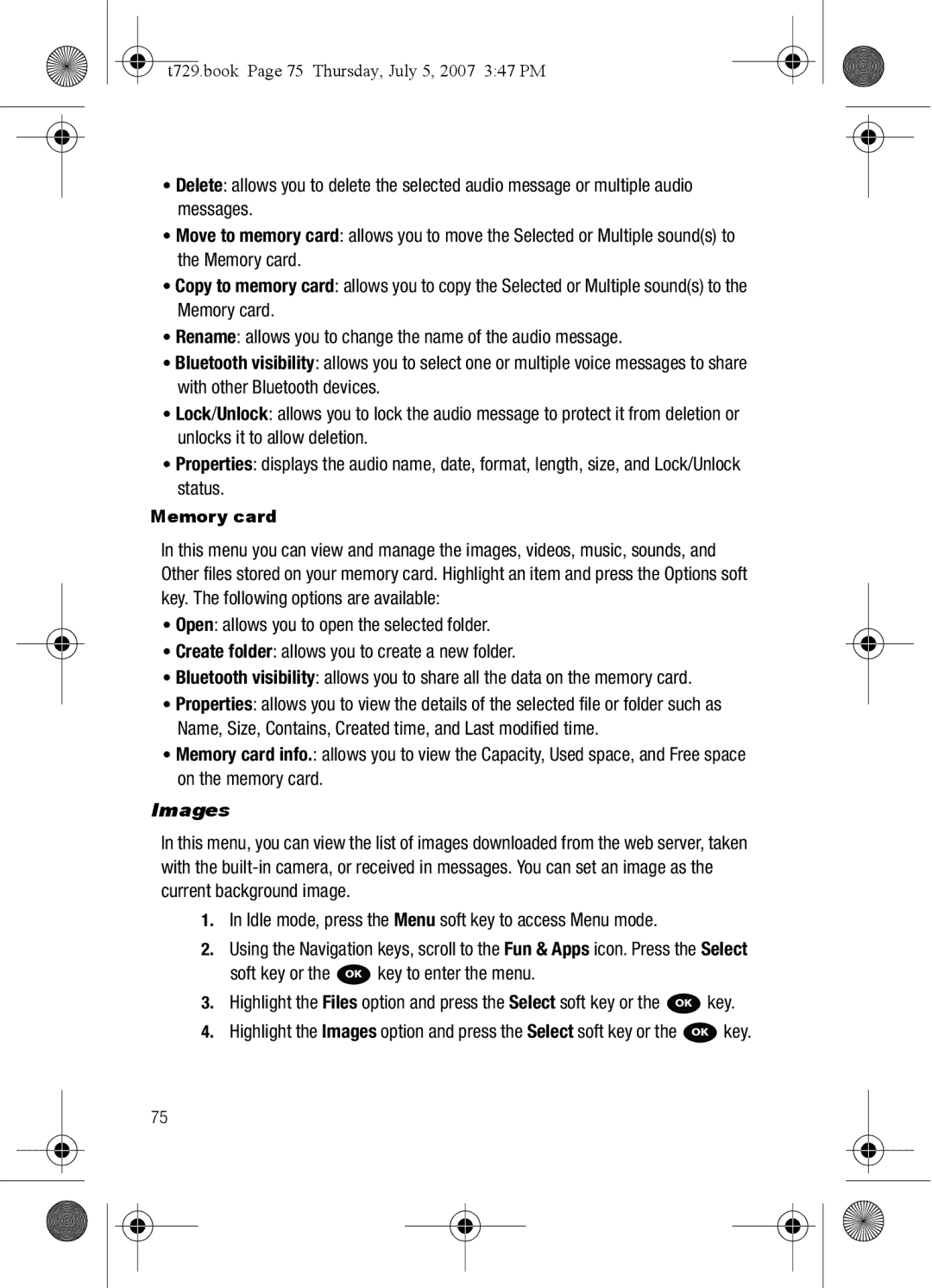 Cisco Systems SGH-Blast Series manual Images, T729.book Page 75 Thursday, July 5, 2007 347 PM, Memory card 