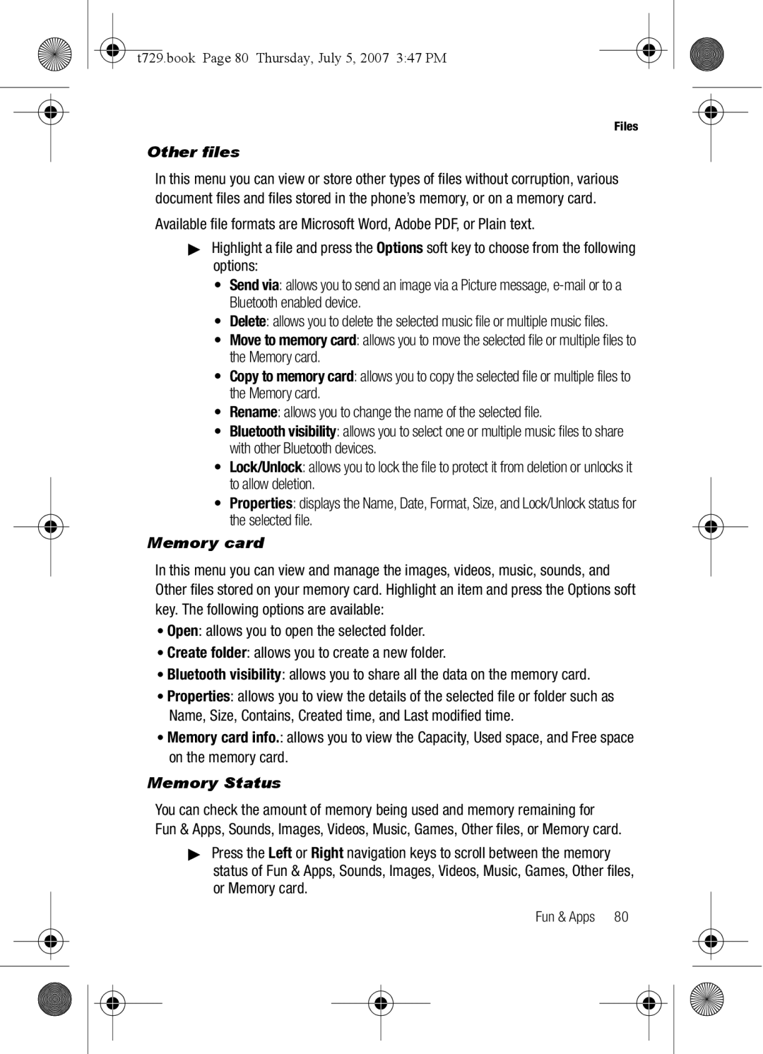 Cisco Systems SGH-Blast Series manual Other files, Memory card, T729.book Page 80 Thursday, July 5, 2007 347 PM 