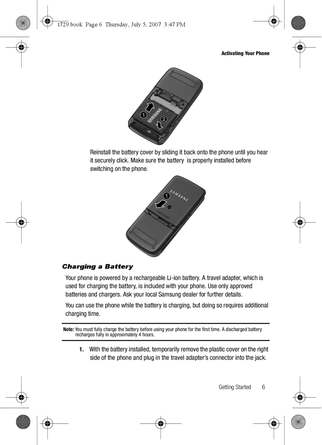 Cisco Systems SGH-Blast Series manual Charging a Battery, T729.book Page 6 Thursday, July 5, 2007 347 PM 