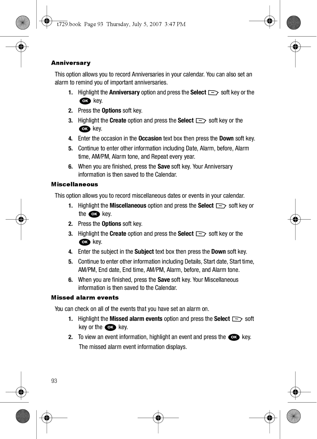 Cisco Systems SGH-Blast Series manual T729.book Page 93 Thursday, July 5, 2007 347 PM, Anniversary, Miscellaneous 