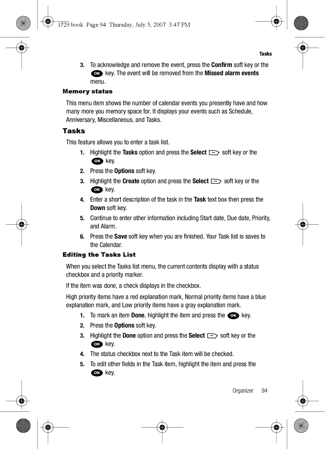 Cisco Systems SGH-Blast Series manual Tasks, T729.book Page 94 Thursday, July 5, 2007 347 PM, Memory status 