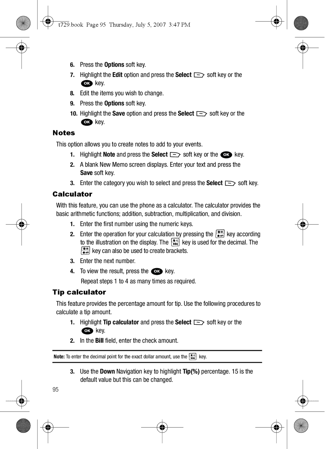 Cisco Systems SGH-Blast Series manual Calculator, Tip calculator, T729.book Page 95 Thursday, July 5, 2007 347 PM 