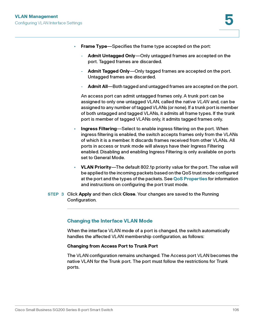 Cisco Systems SLM2008PTNA manual Changing the Interface Vlan Mode, Changing from Access Port to Trunk Port 