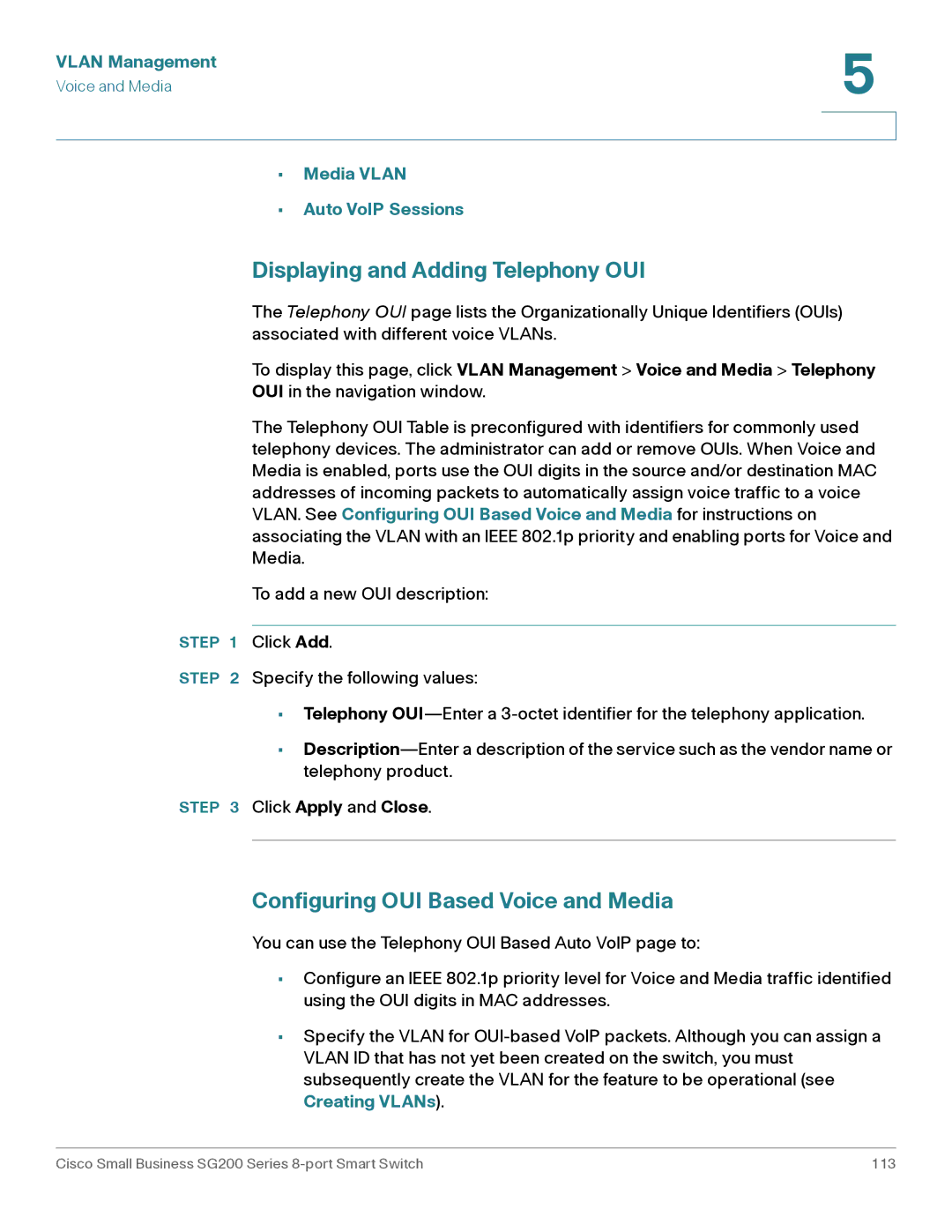 Cisco Systems SLM2008PTNA manual Displaying and Adding Telephony OUI, Configuring OUI Based Voice and Media 