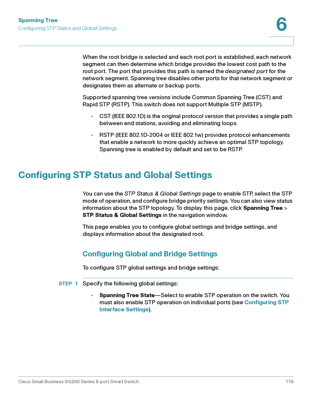 Cisco Systems SLM2008PTNA manual Configuring STP Status and Global Settings, Configuring Global and Bridge Settings 