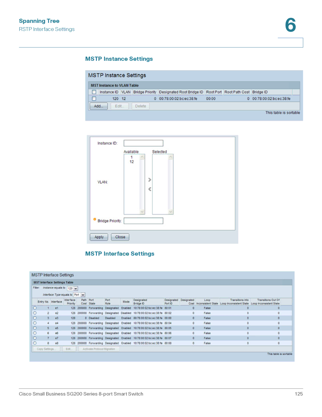 Cisco Systems SLM2008PTNA manual Mstp Instance Settings Mstp Interface Settings 