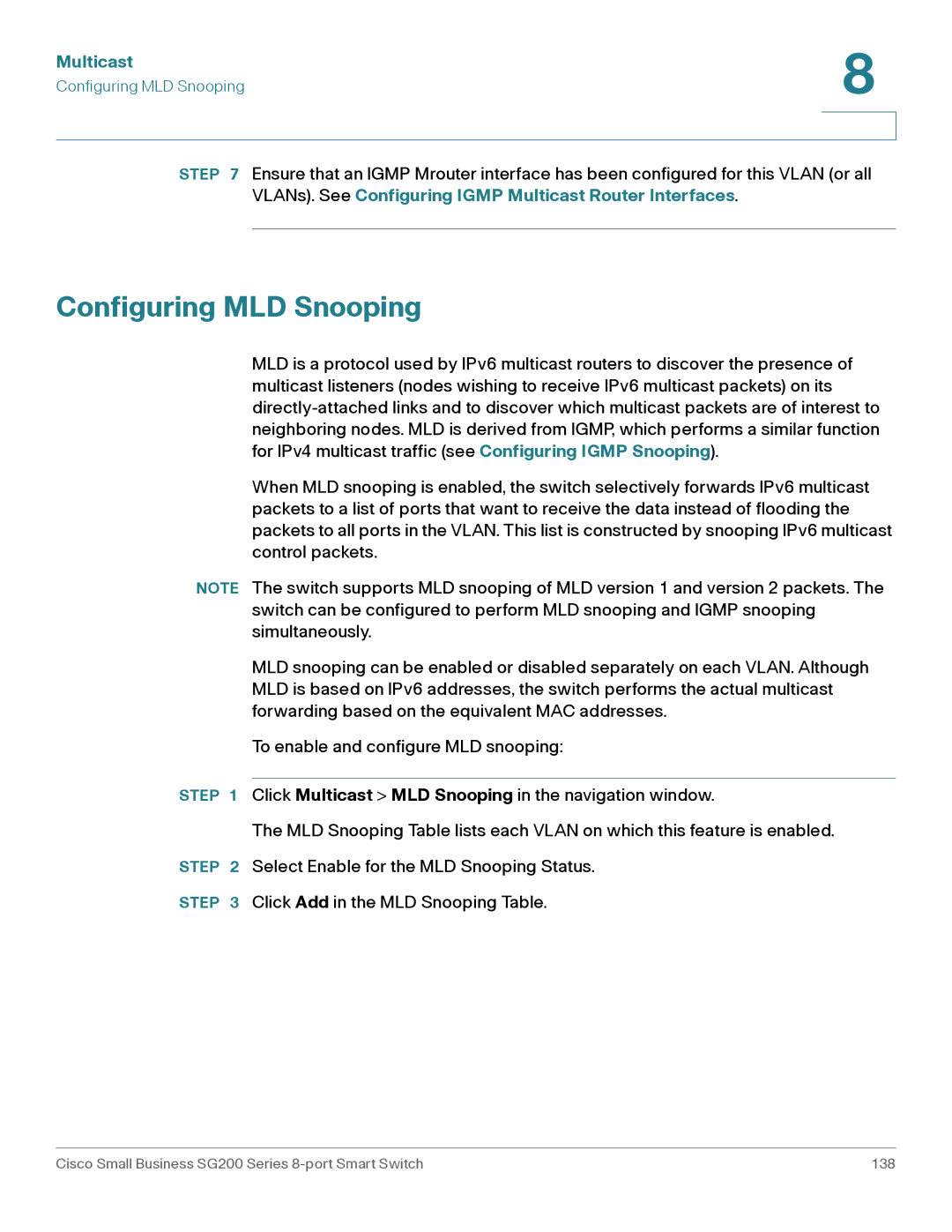 Cisco Systems SLM2008PTNA manual Configuring MLD Snooping 