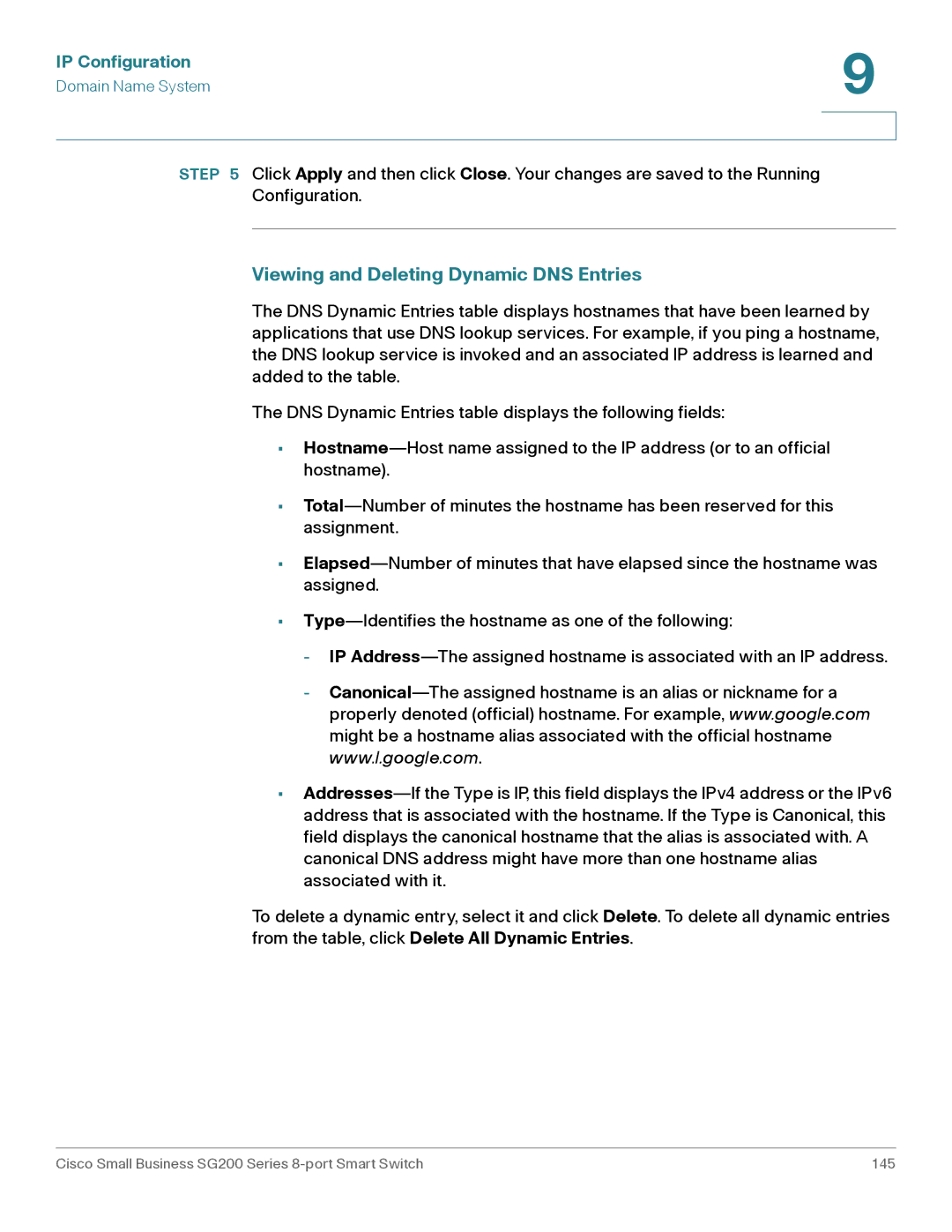 Cisco Systems SLM2008PTNA manual Viewing and Deleting Dynamic DNS Entries 