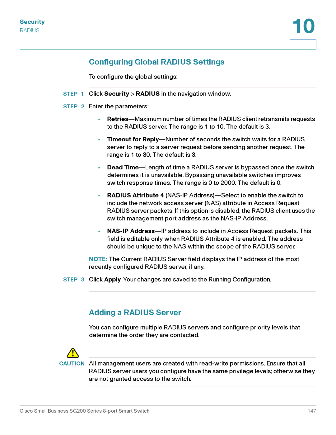 Cisco Systems SLM2008PTNA manual Configuring Global Radius Settings, Adding a Radius Server 