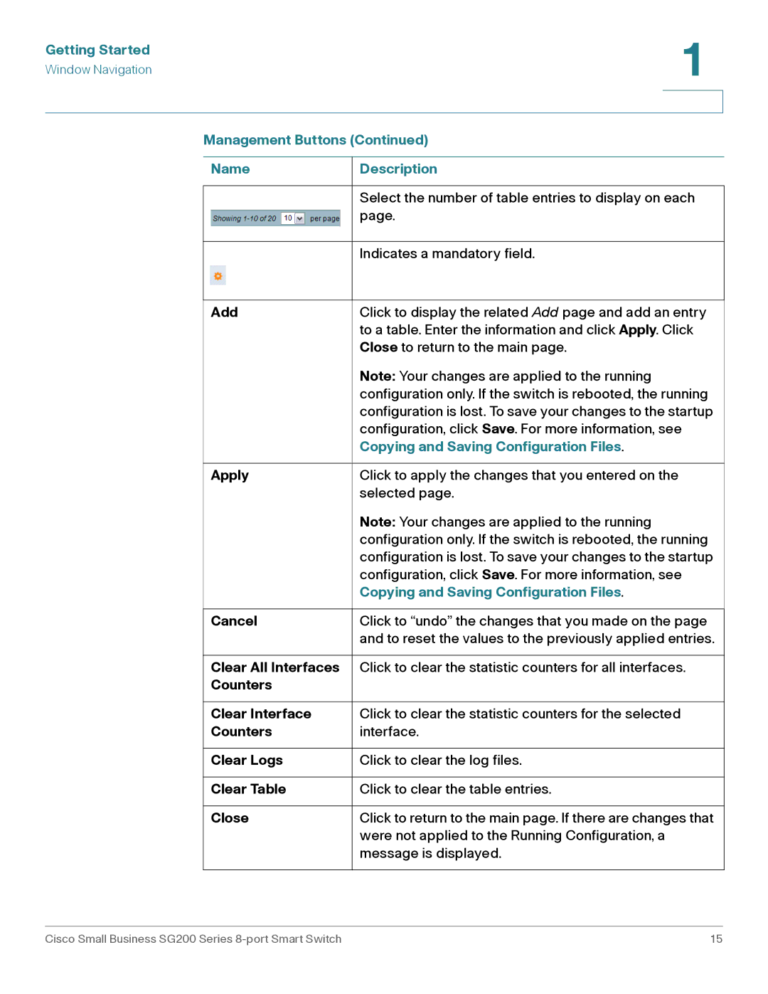 Cisco Systems SLM2008PTNA Add, Apply, Cancel, Clear All Interfaces, Counters Clear Interface, Clear Logs, Clear Table 