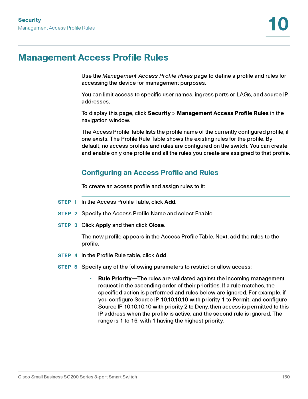 Cisco Systems SLM2008PTNA manual Management Access Profile Rules, Configuring an Access Profile and Rules 