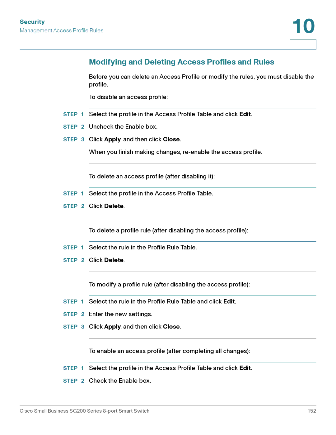 Cisco Systems SLM2008PTNA manual Modifying and Deleting Access Profiles and Rules 