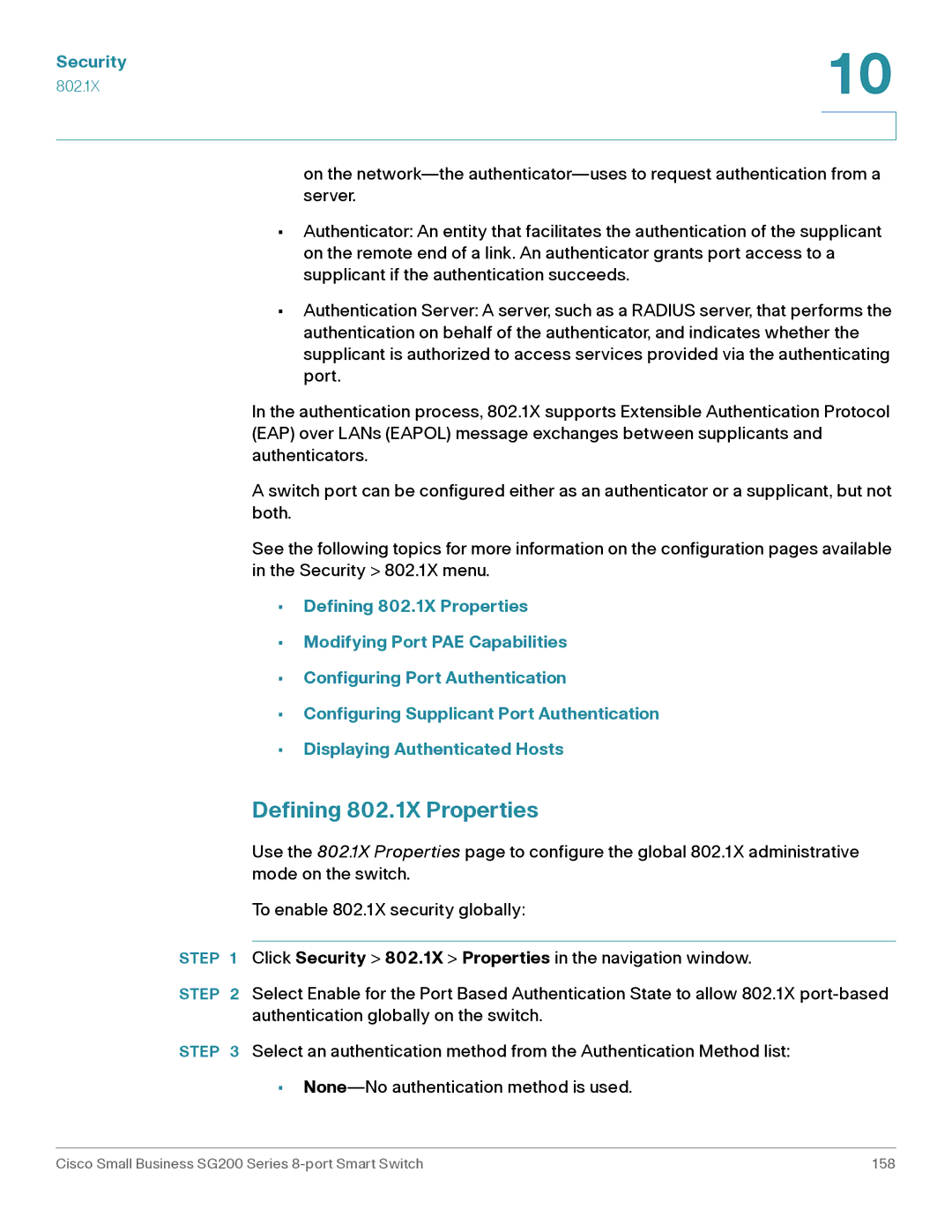 Cisco Systems SLM2008PTNA manual Defining 802.1X Properties 