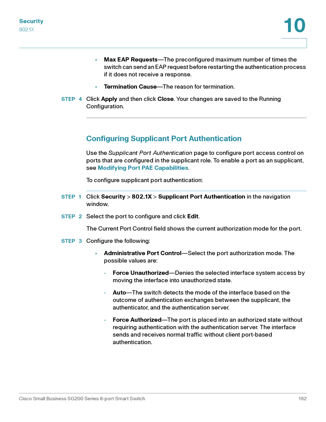 Cisco Systems SLM2008PTNA manual Configuring Supplicant Port Authentication 