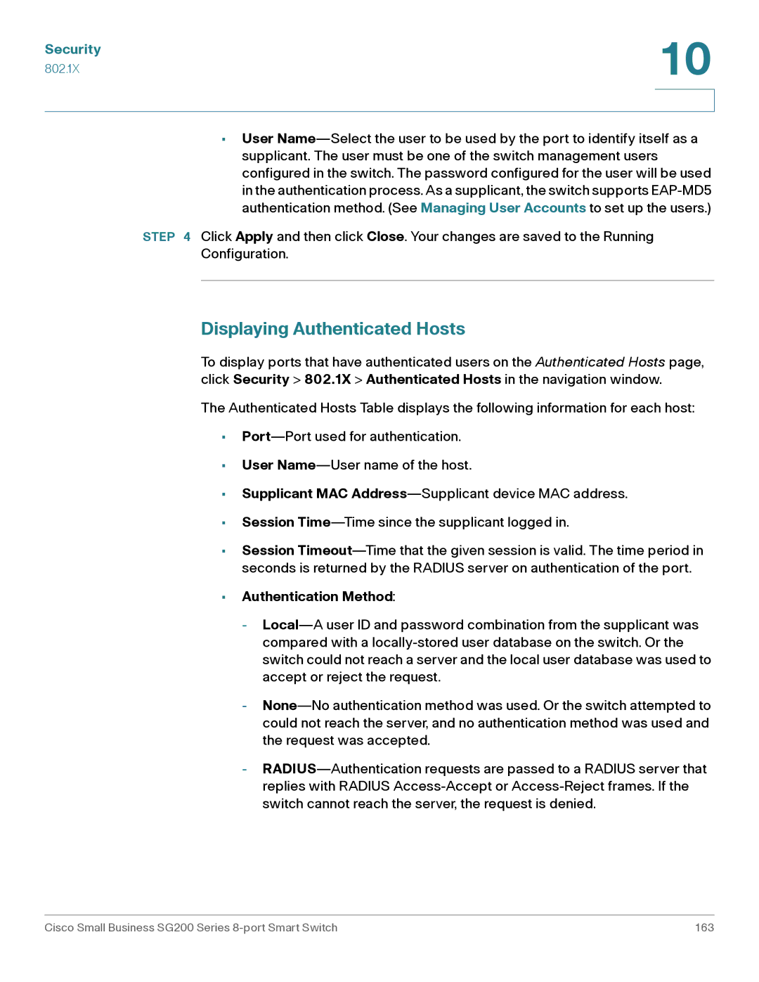 Cisco Systems SLM2008PTNA manual Displaying Authenticated Hosts, Authentication Method 