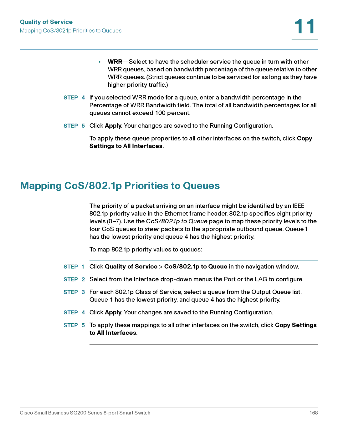 Cisco Systems SLM2008PTNA manual Mapping CoS/802.1p Priorities to Queues, Settings to All Interfaces 